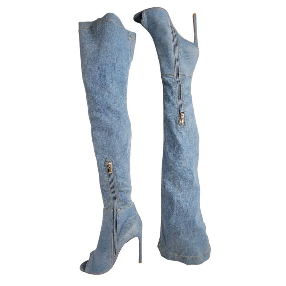 Akira Floral Embroidered Boots Sz 6.5 Thigh High Denim Peep Toe Stiletto 4.5" - Picture 15 of 16